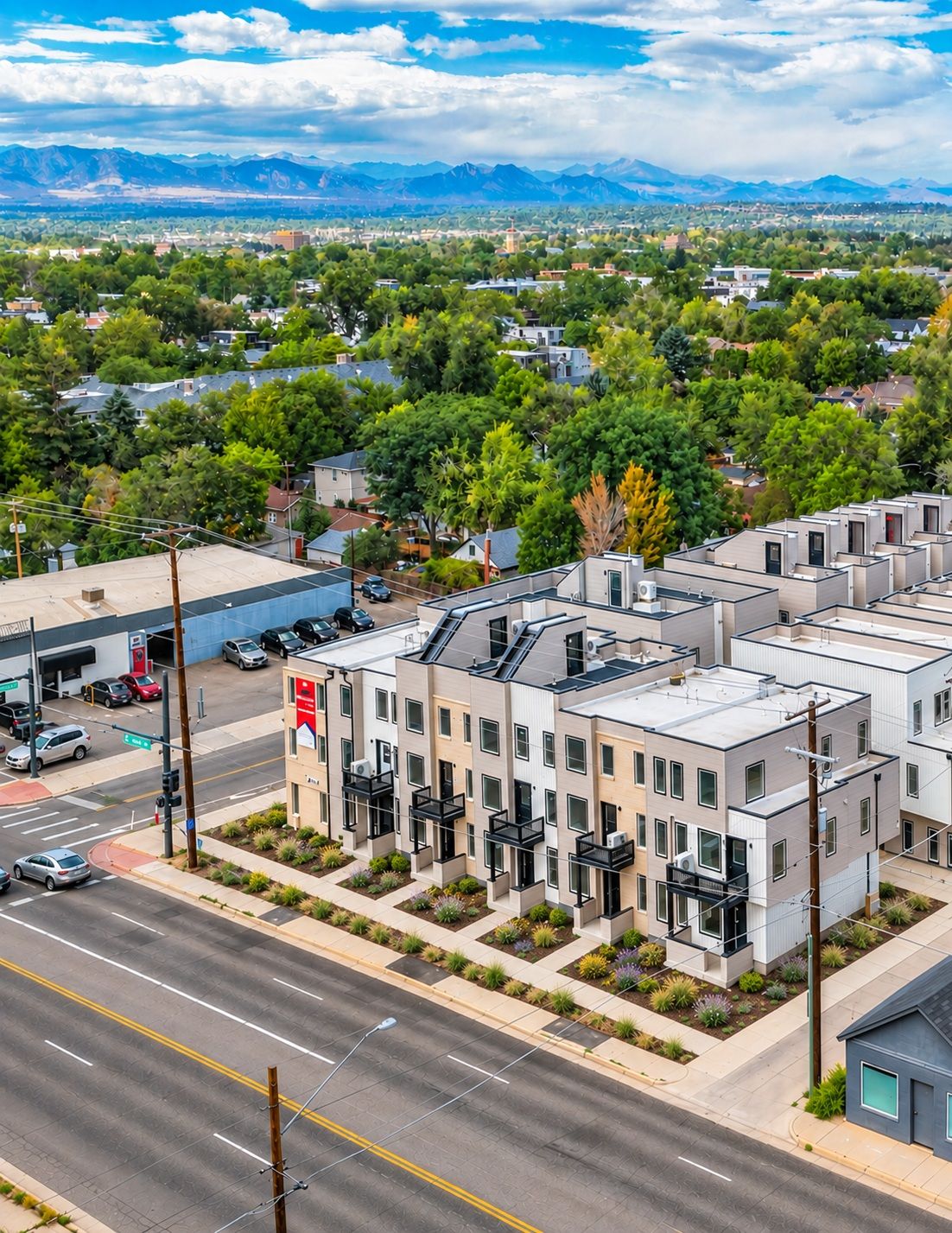 Aerial view of the Thirty Eight West townhomes on W 38th Avenue in Denver&rsquo;s Berkeley neighborhood, with the Rocky Mountains in the distance